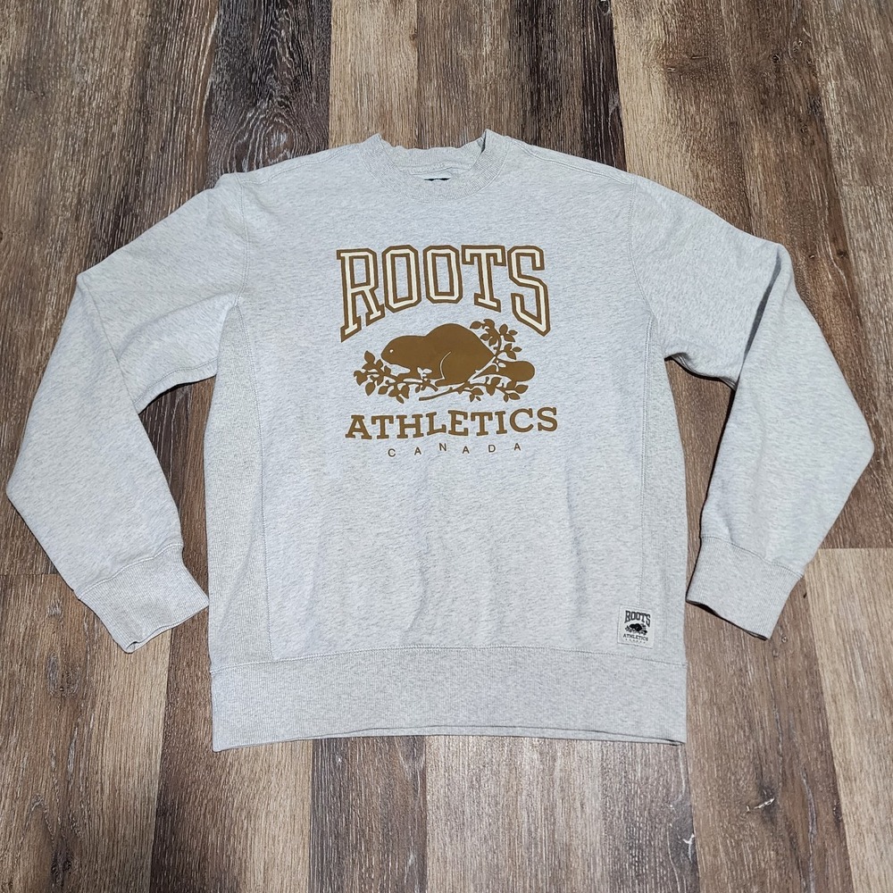 Roots Athletics Sweatshirt Gray Gold Size Small Graphic Pullover 90s Crewneck‎